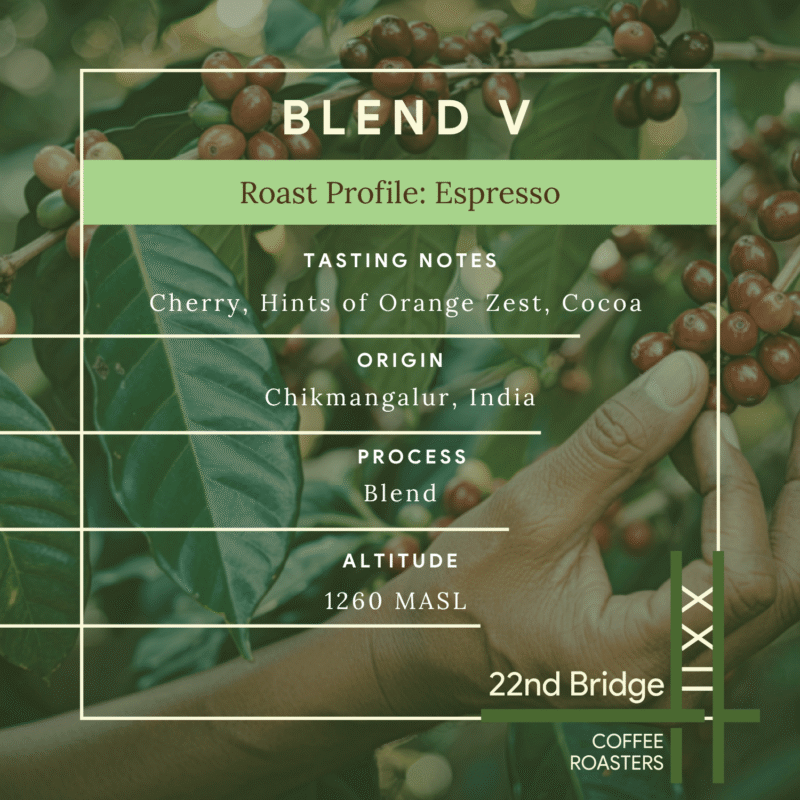 Blend V coffee details. ranging from tasting notes to altitude